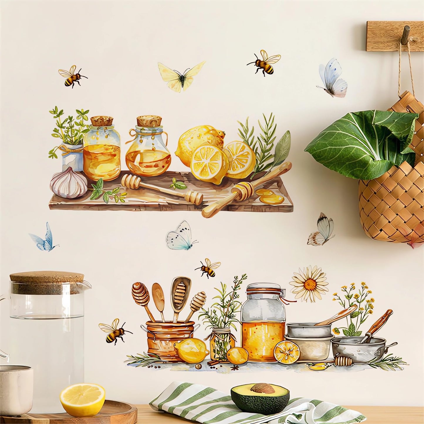 Lemon Honey Bee Butterfly Kitchen Wall Stickers, sacinora Kitchenware Utensil Shelf Yellow Fruit Wall Decals Removable Vinyl Peel and Stick Kitchen Dining Restaurant Bar Home Decorations