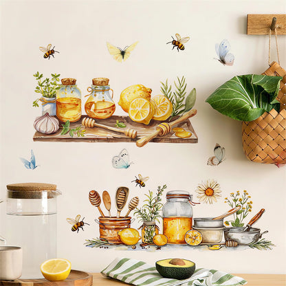 Lemon Honey Bee Butterfly Kitchen Wall Stickers, sacinora Kitchenware Utensil Shelf Yellow Fruit Wall Decals Removable Vinyl Peel and Stick Kitchen Dining Restaurant Bar Home Decorations
