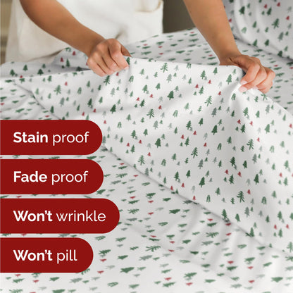 King Christmas Trees Sheet Set - Holiday Xmas Pattern Bedding Set - Deep Pockets - Snug Fit - 4 Piece - Wrinkle Free & Easy Care - Comfy Festive Winter - Holiday Sheets for Women, Men, Kids & Teens