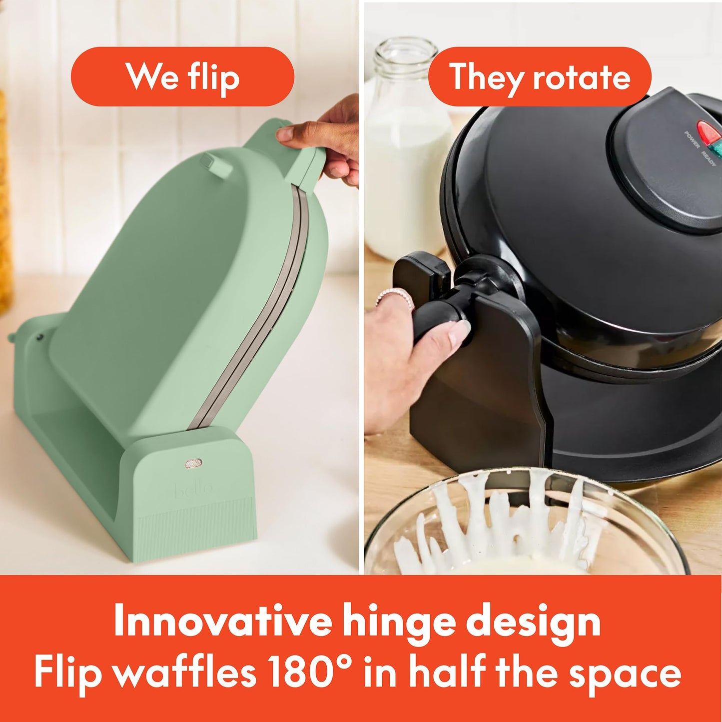 bella Flip-n-Store Waffle Maker with EverGood™ Ceramic Nonstick Coating, Fits-anywhere™ Kitchenware, Power Indicator Light, Cool Touch Handle & Cord Wrap, 7” Wide & 1" Deep Plates, 1000 Watt, Oatmilk