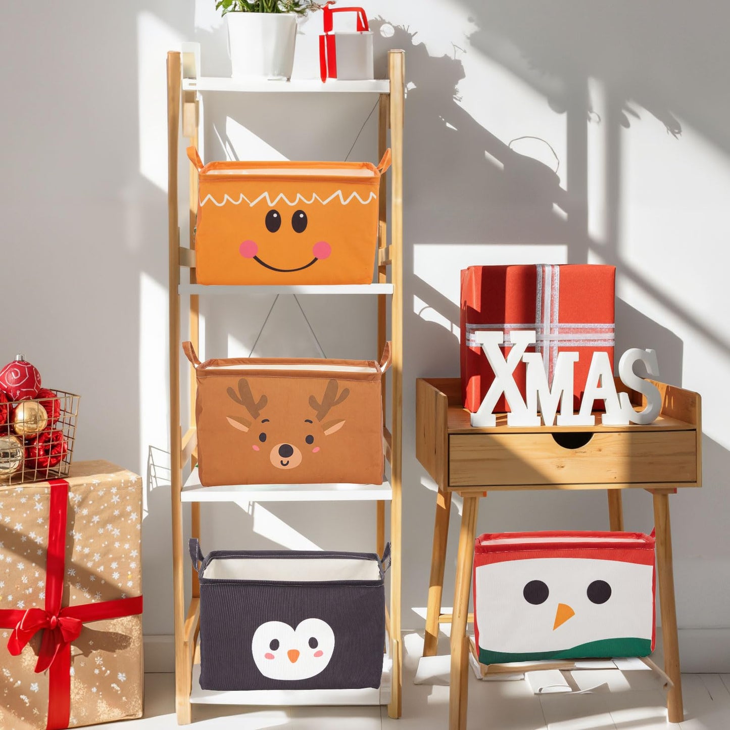 Wonderjune 6 Pcs Large Christmas Storage Basket 15 x 8.7 x 10.2 Inch Empty Christmas Gift Baskets with Handle Rectangle Foldable Xmas Storage Bin Organizer Box with Handle for Family Cloth Toy Gifts