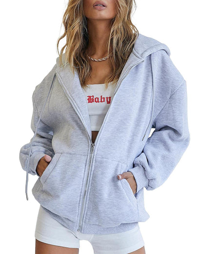 Trendy Queen Womens Zip Up Hoodies Oversized Sweatshirts Fall Fashion Outfits Casual Jackets 2025 Winter Clothes Grey M
