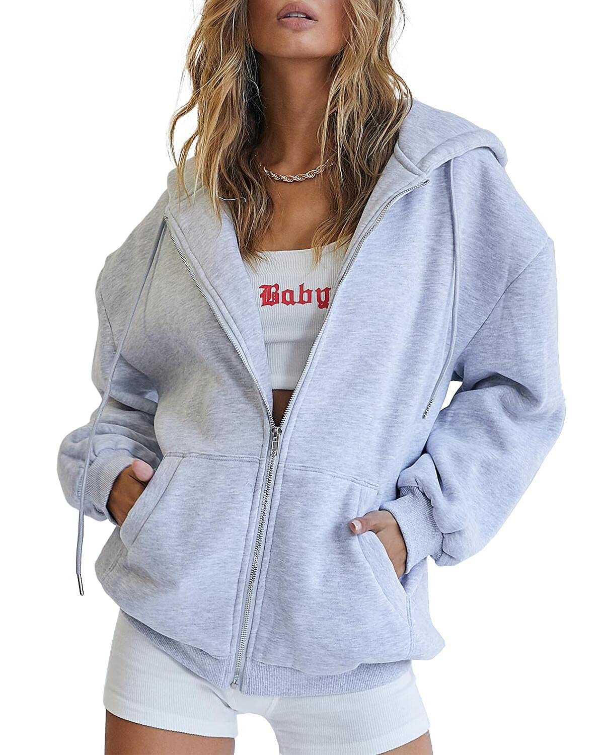 Trendy Queen Womens Zip Up Hoodies Oversized Sweatshirts Fall Fashion Outfits Casual Jackets 2025 Winter Clothes Grey M
