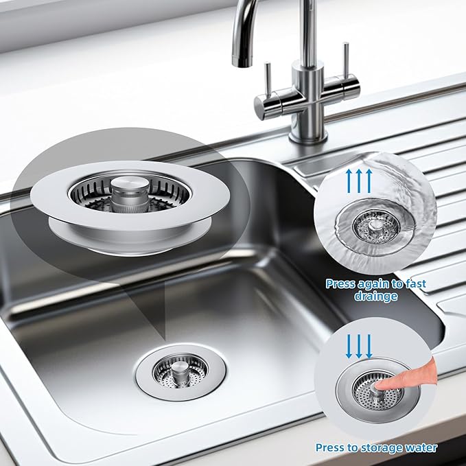 Hibbent All Metal Stainless Steel 3 in 1 Kitchen Sink Drain Strainer, Upgraded