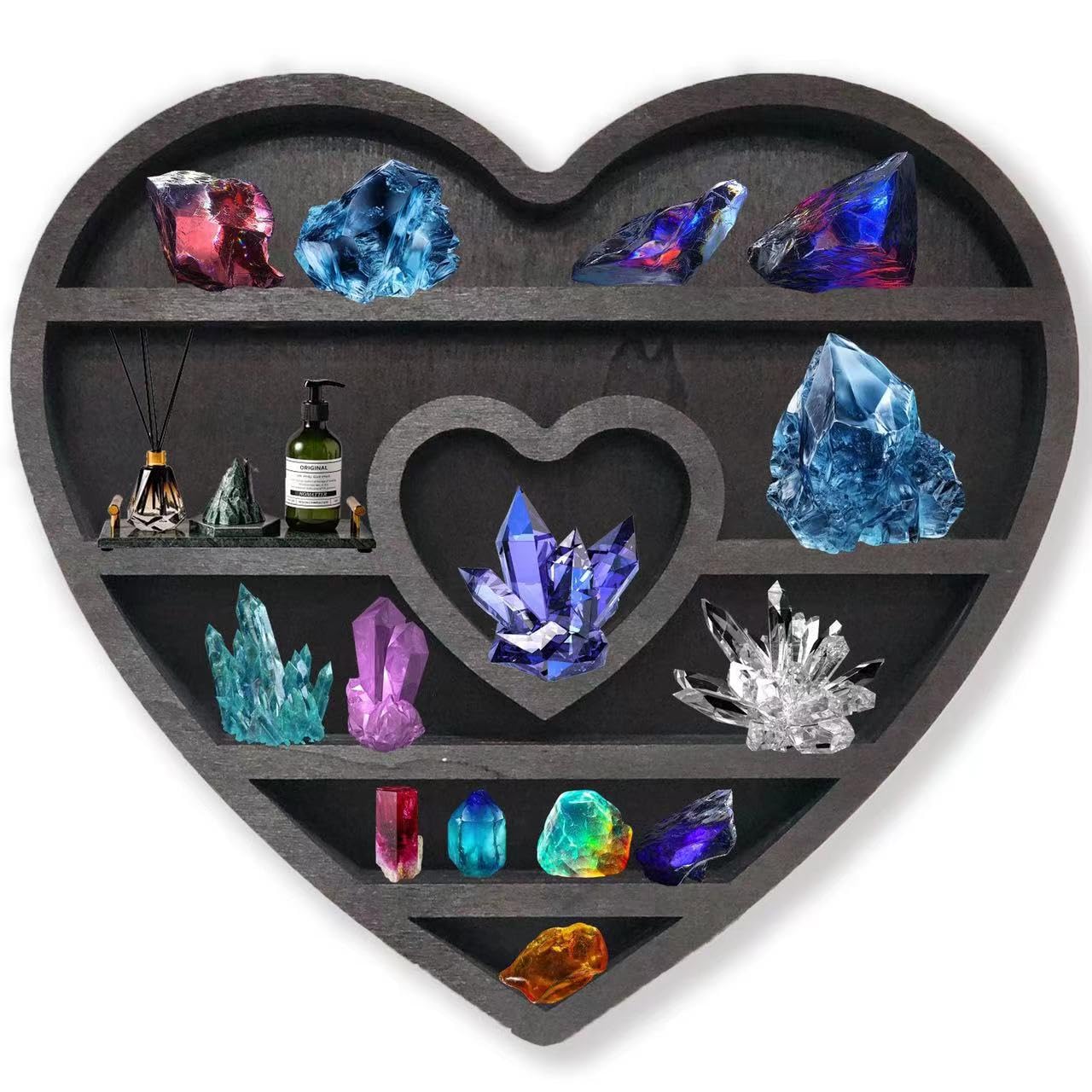 Wooden Moon Shelf for Crystals Display, Rustic Wooden Fairy Shelf for Crystals, 14In Large Wall Mounted Crystal Display Gothic Witchy Home Decor (Heart Shape)
