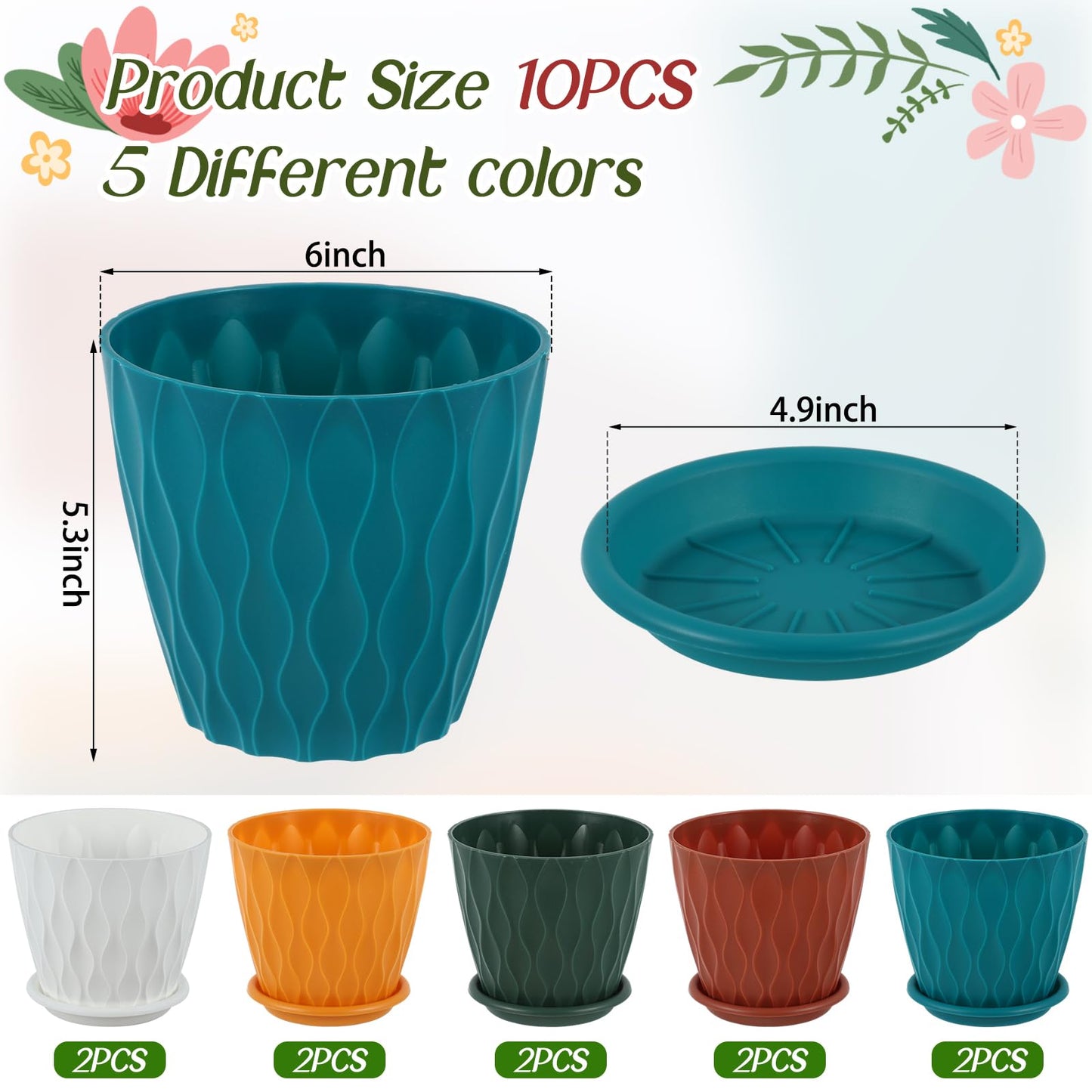 Suclain 10 Pack 6 Inch Plant Pots with Drainage Hole and Tray Saucer Plastic Flower Pots for Indoor Plants for Your Room, Office, Garden Decor(Wave)