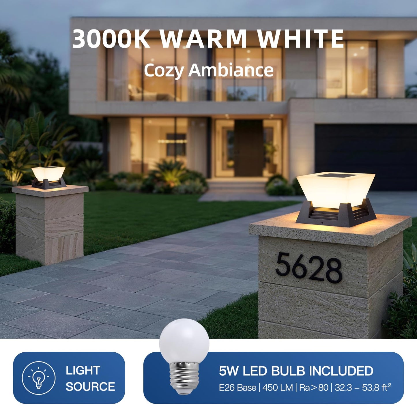 ZRJJMLAN Outdoor Post Lights, 11" Hard Wired Pillar Light, IP54 Waterproof Column Lamp E26 LED Bulb Modern Fence Deck Lantern 3000K Outside Landscape Lighting for Patio Garden Backyard Gate Decoration