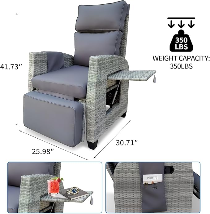 Wicker Outdoor Recliner | 145° Wicker Patio Reclining Chair with 4" Cushion | Air Pump Adjustable Backrest & Footrest, Flip-up Table & Side Pocket for Yard Patio Porch (Gray)