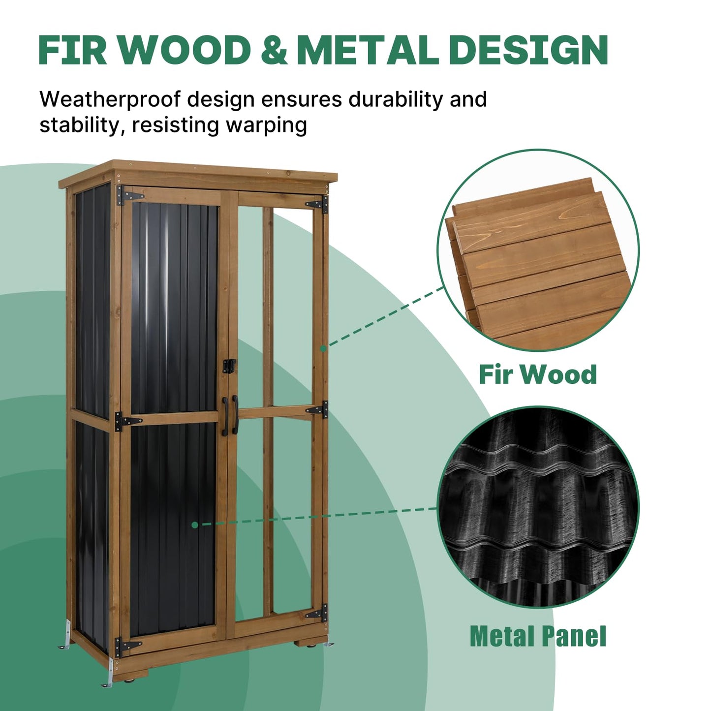 Ketive Outdoor Storage Cabinet, Tall Tool Garden Cabinet with Weather-Resistant Roof, Double Lockable Doors, 3 Removable Shelves & Adjustable Feet, for Patio, Garden, Backyard, 32" x 15.5" x 66"