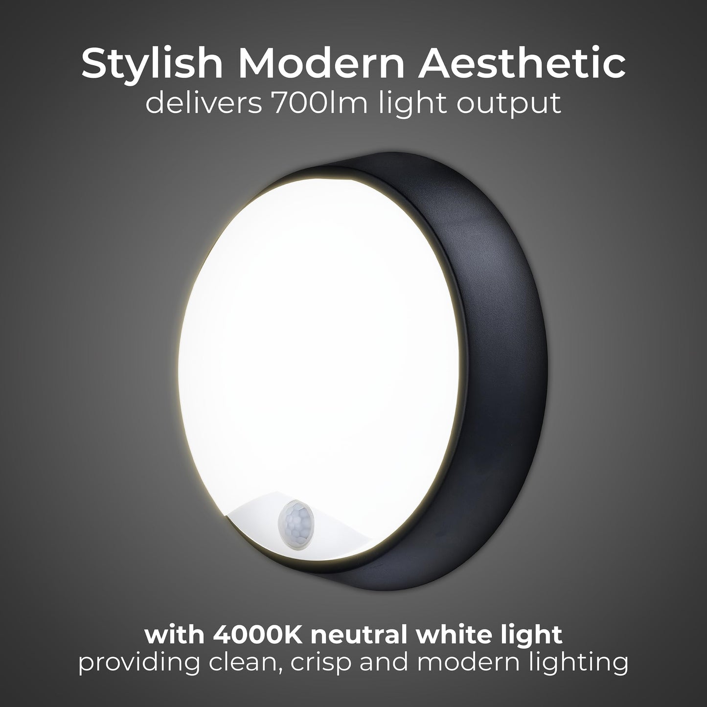 Luceco Eco Outdoor LED Bulkhead Light with PIR Motion Sensor, Decorative Exterior Lighting, Round, Black, IP54, 10W, 700lm, 4000K, EBER10P40