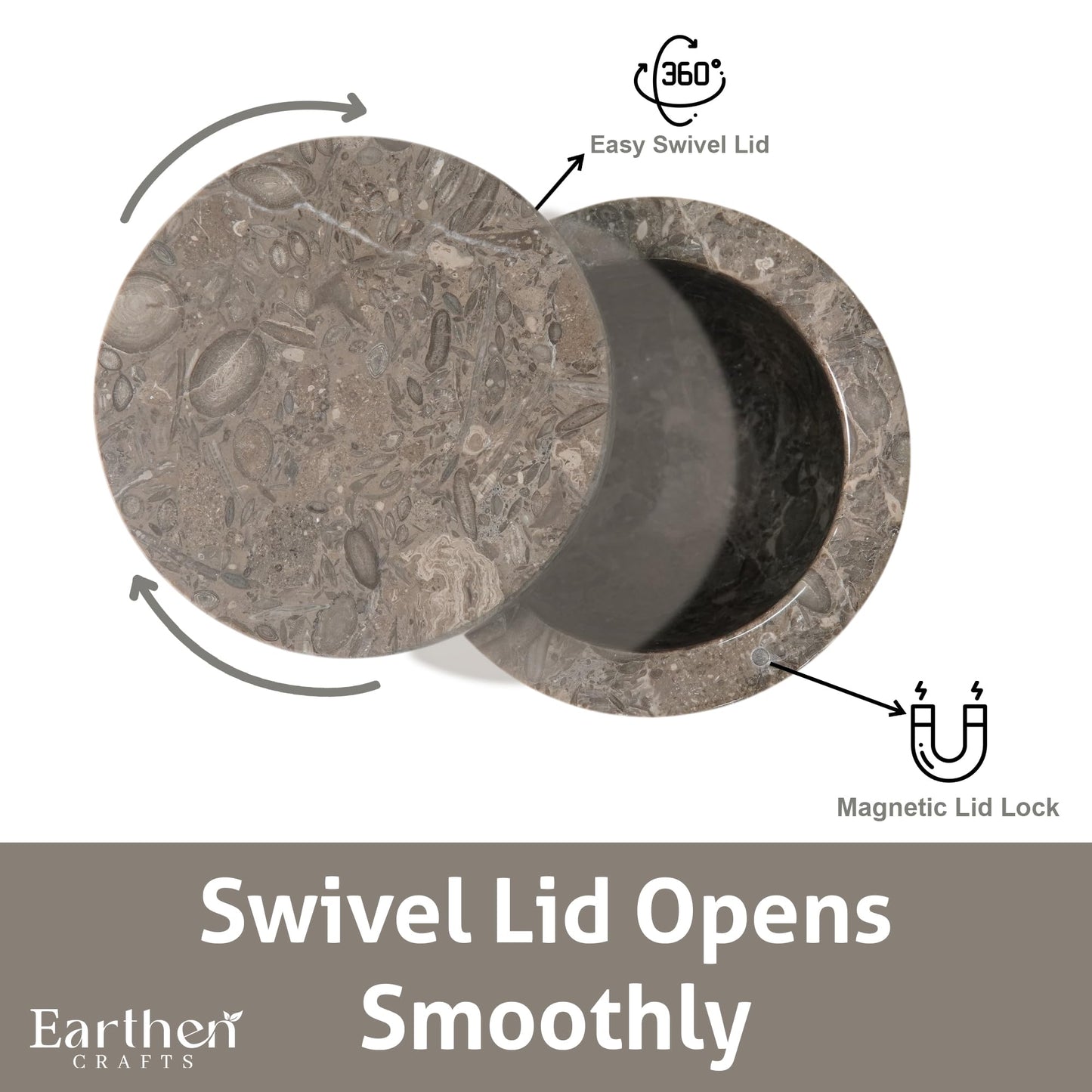 Earthen Crafts Marble Salt Cellar with Swivel Magnetic Lid 4" Salt Box Oceanic Salt & Pepper Container, Salt Keeper, Spice Jar Ideal for Kitchen or Bath Salt Storage, 5.6 OZ