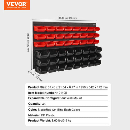 VEVOR 48-Bin Wall Mounted Storage Bins Parts Rack Organizer Garage Shop Tool Organizer for Screws, Nuts, Bolts, Nails, Beads, and Small Hardware Parts, With Wall Panels