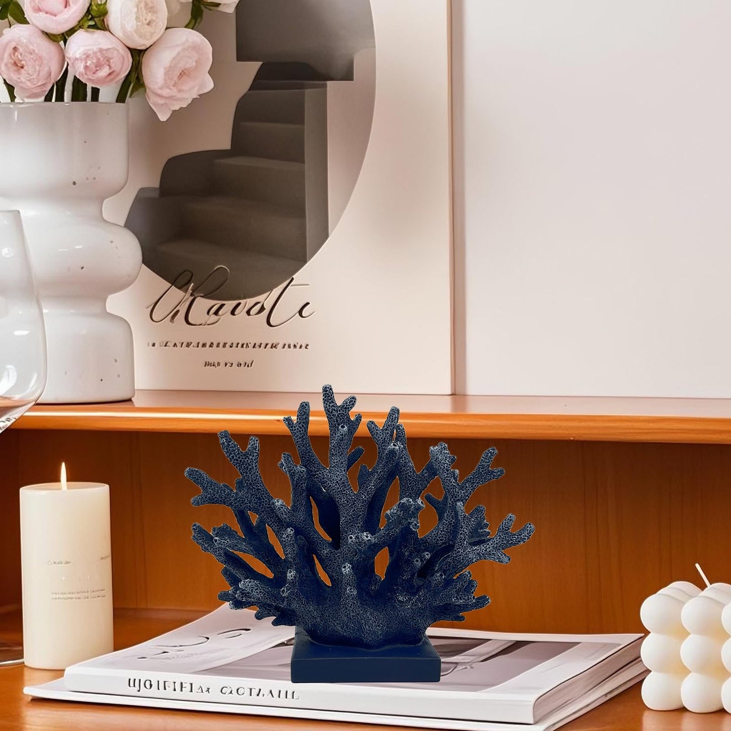 Elegondrar 5.8" H Dark Blue Coral Decor - Resin Coral Statue, Nautical Decor for Home, Bedroom, Bathroom, Living Room, Ocean Themed Cabinet Shelf Tabletop Decoration