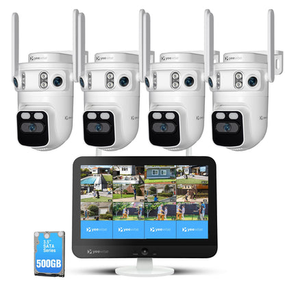 yeewise Triple Lens Wireless Security Camera System with 12" Monitor, 180° Wide View + 360° PTZ AI Tracking, WiFi 6, 16CH NVR, 24/7 Recording, 500GB HDD, No Monthly Fee, Plug-in Power
