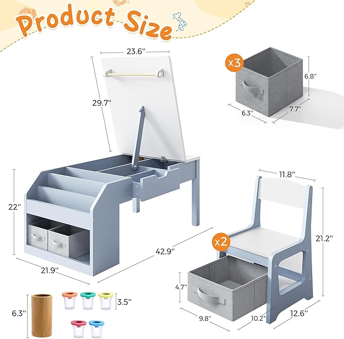 5-in-1 Kids Art Table and Chairs, Wood Toddler Table and Chair Set