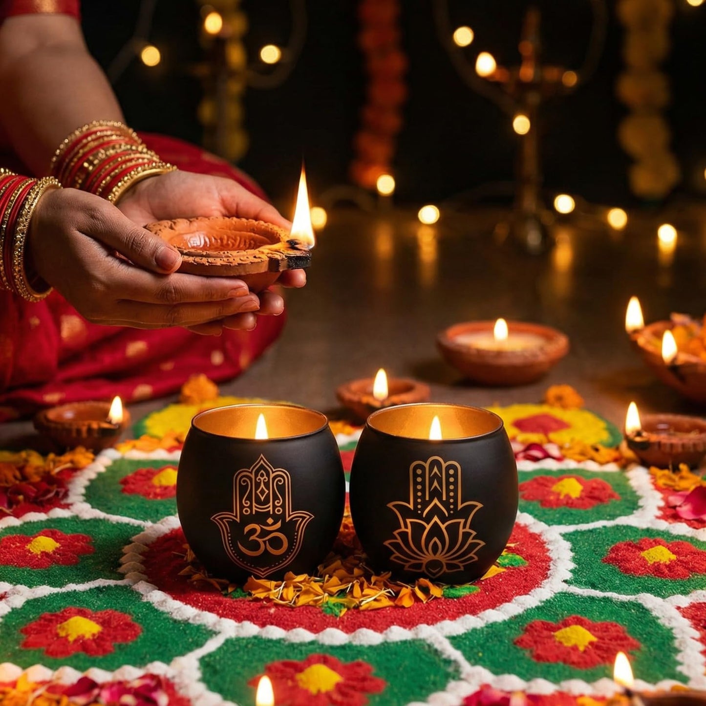 Hamsa Hand & Lotus Candle Holder Set of 2, Black and Gold Glass Votive Tealight Holders for Zen Meditation Decor, Om Symbol Decor for Yoga Room, Spa Bathroom & Diwali Decorations for Home