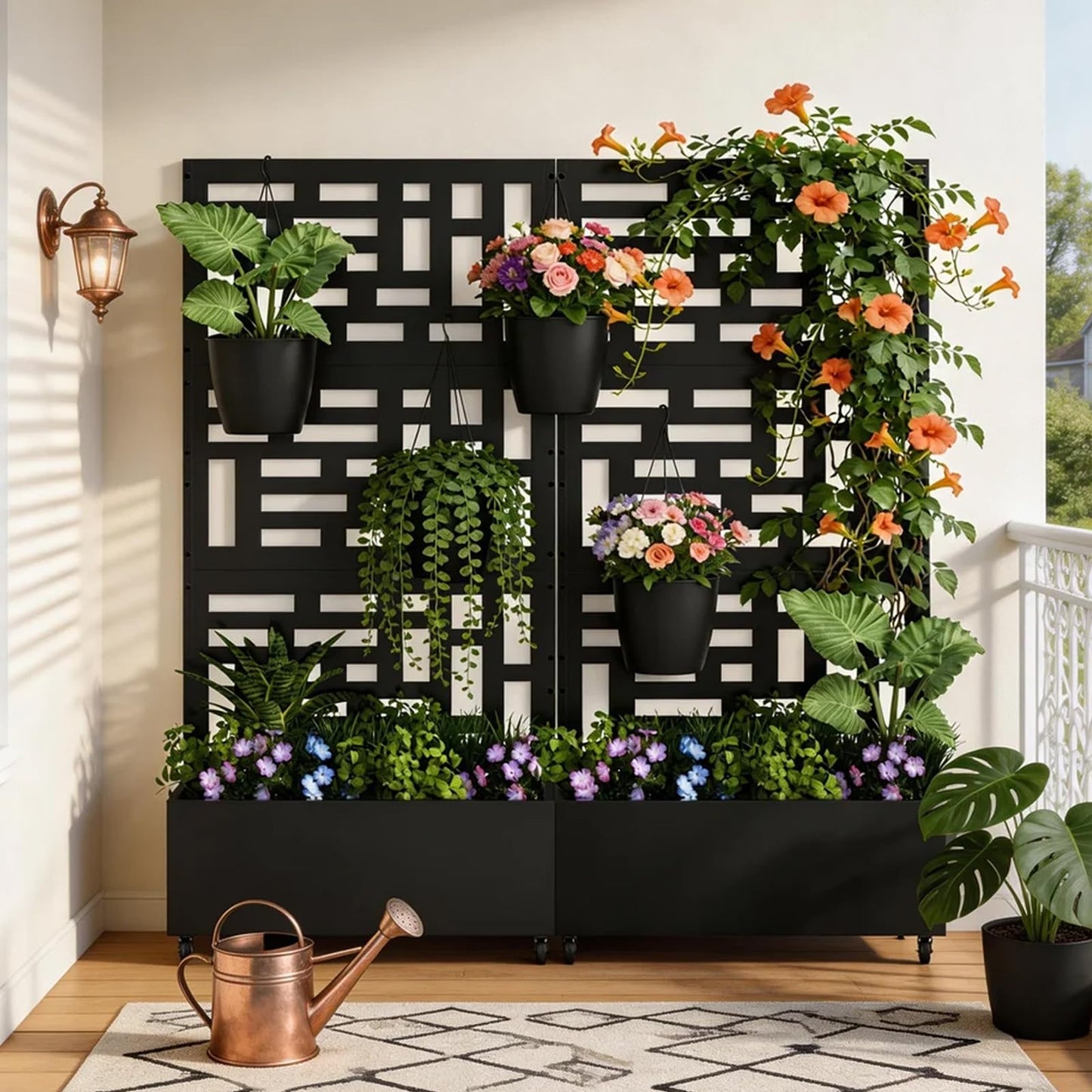 Baotree Metal Raised Garden Bed with Trellis and Wheels, 72"x 35"x 16" Privacy Planters for Patio, Planter Box with Drainage Holes for Climbing Plants, Flower, Vegetable (Black-Helen)