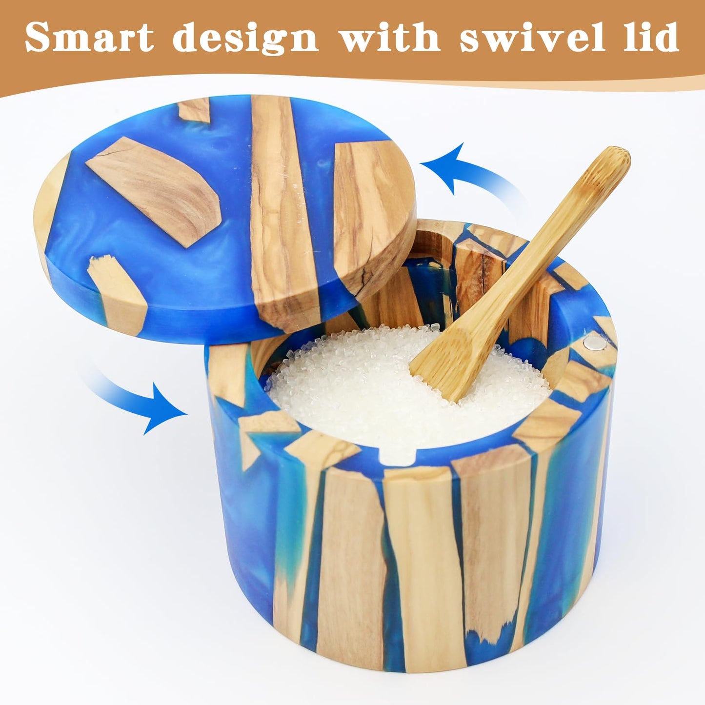 Skikibily Handcrafted Salt Box Resin Wooden Container Swivel Lid with Magnetic to Easily Open Seal Salt Cellar Free Spoon for Storing Salt Pepper Sugar Herbs Small Spice Box Storage Kitchen Accessory