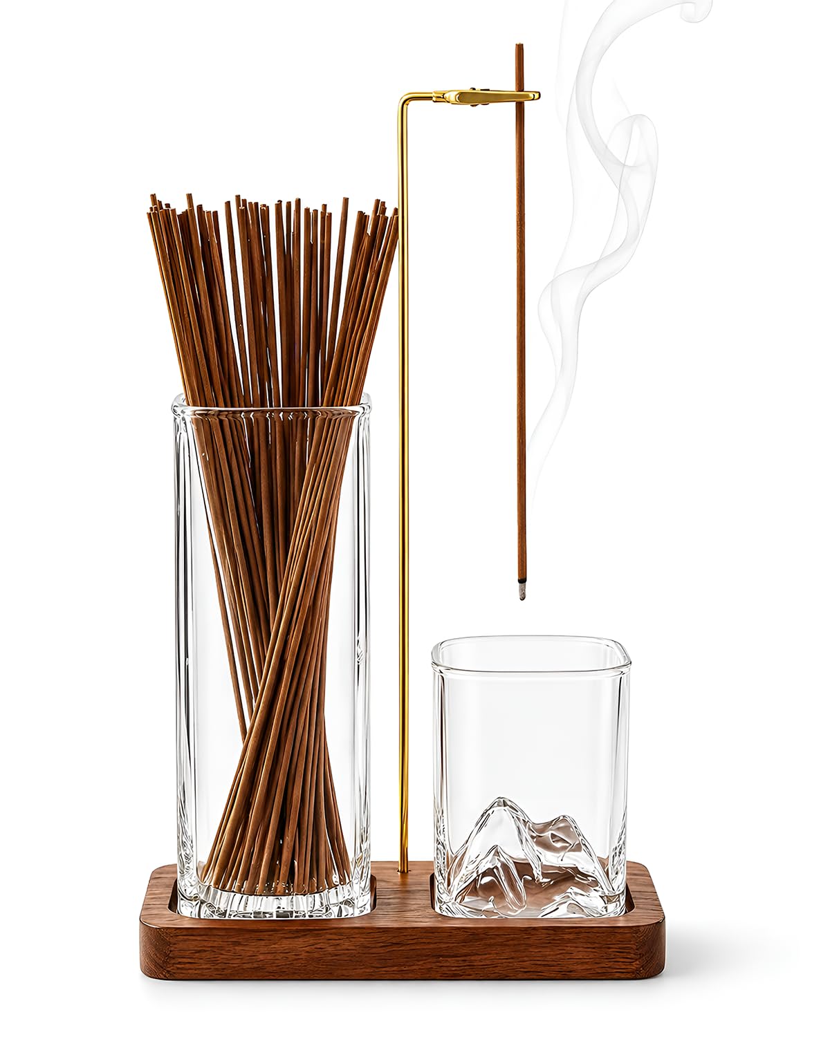 Incense Holder for Sticks, 2 in 1 Glass Incense Burner with Storage, Solid Sapele Wood Base, Removable Mountain Ash Catcher, Vertical Windproof Stand for Outdoor, Meditation (Dark Walnut)