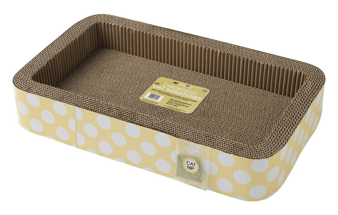 Petrageous 13079 Jerrys Rectangular Corrugated Cat Lounge Scratcher 20-Inch Long 12-Inch Wide 3.5-Inch Tall with Cat Nip is Great for Cats, Yellow (Pack of 1)