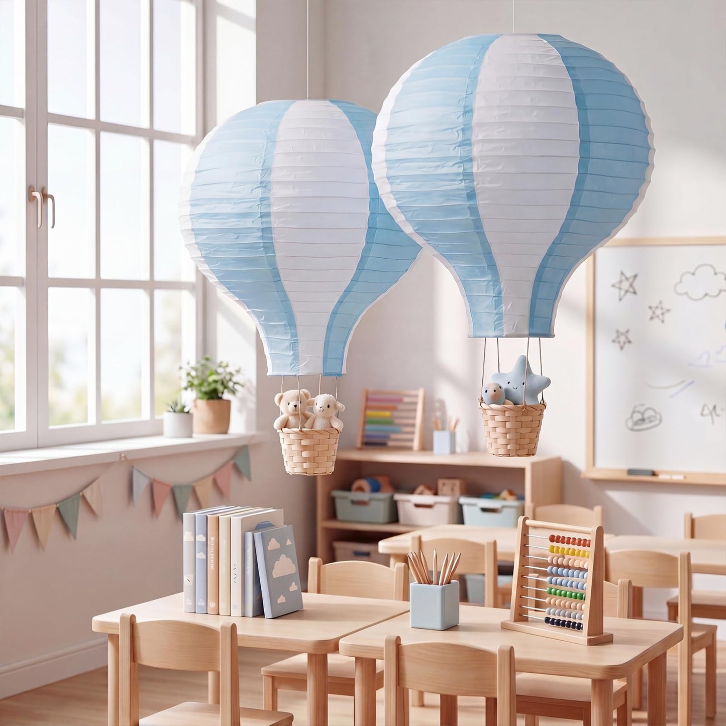 Meooeck 2 Pcs Hanging Hot Air Balloon Nursery Decor 15.7 Inch Paper Hot Air Balloon Centerpieces Reusable Paper Lanterns Set for DIY Craft Wedding Birthday Christmas Living Room Home, Blue White