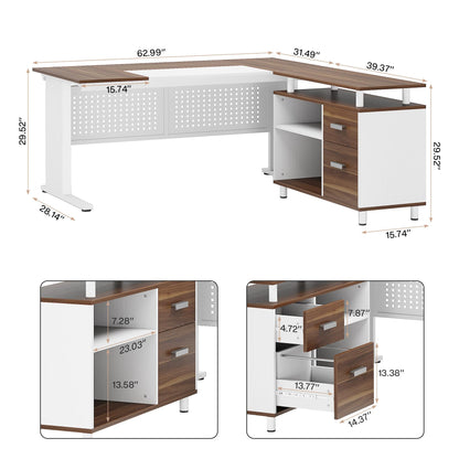 Tribesigns 63 Inch Executive Desk with File Cabinet, L Shaped Office Desk with Drawers and Storage Shelves, Business Furniture Set Workstation for Home Office, White and Walnut
