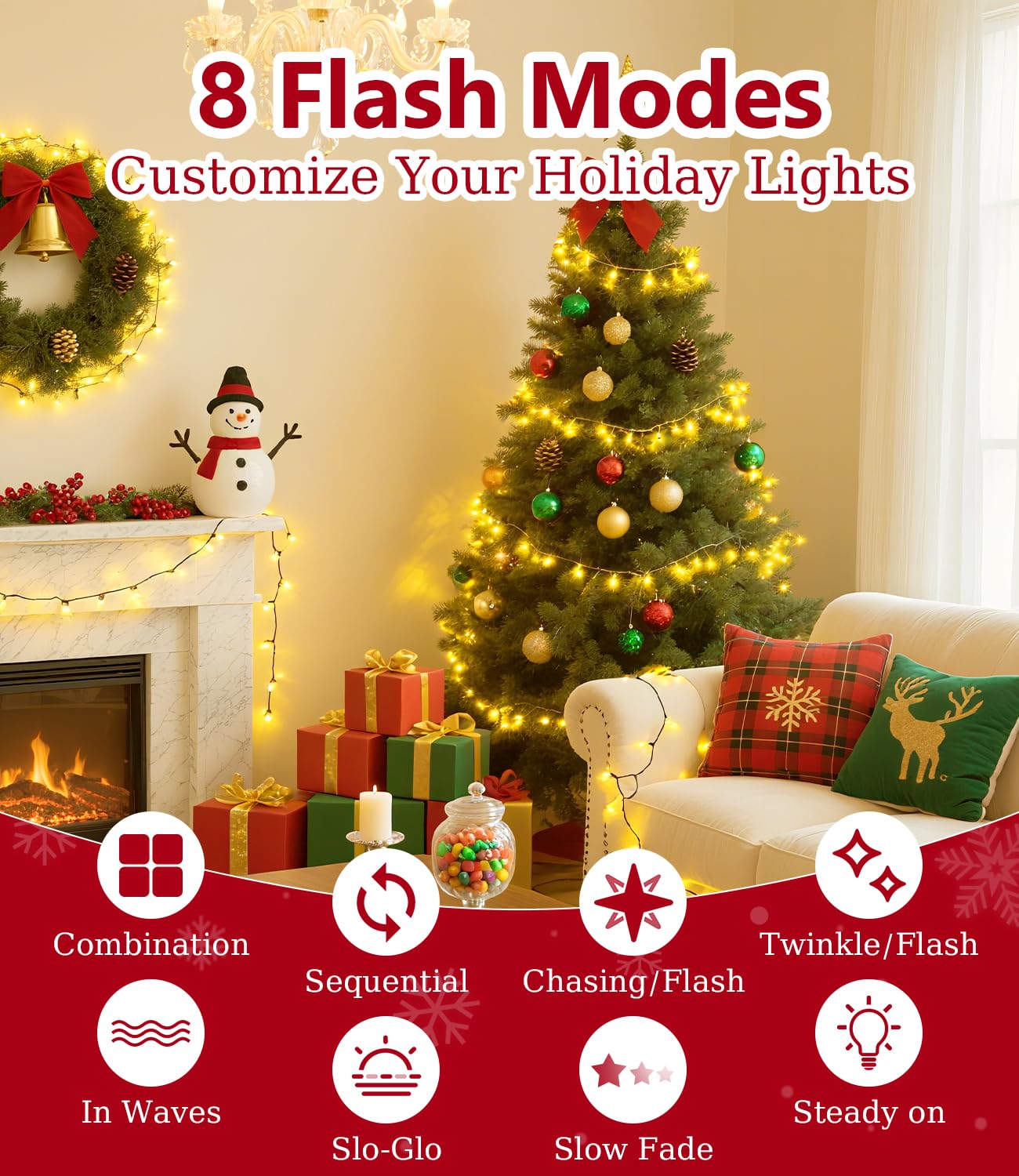 RiderVibe 82FT 1000LED Warm White Christmas Lights Outdoor with 8 Modes, IP44 Waterproof Plug in Christmas Tree Light Fairy String Lights for Christmas, Patio, Garden, Indoor Outdoor Decor