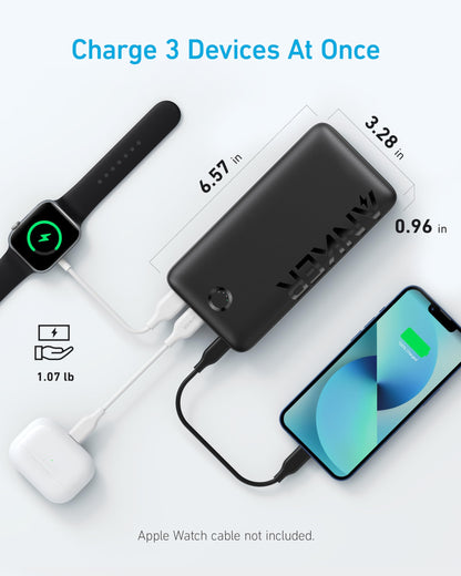 Anker Power Bank, 20,000mAh Portable Charger with 22.5W Max Fast Charging, 2 USB-A, 1 USB-C for iPhone 16/15/14/13/12 Series, Samsung, iPad Pro, AirPods, Apple Watch, and More