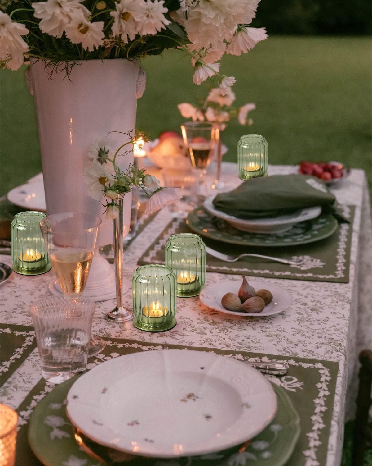 Vixdonos Glass Hurricane Tealight Candle Holder with Metal Candle Stand,Set of 3 Modern Windproof Votive Candle Holders for Wedding Party Table Centerpiece Outdoor,Green