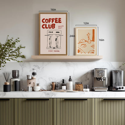 Msziryn Wood Framed Minimalist Coffee Wall Art, Brown Line Drawing Kitchen Wall Decor, Scandinavian Still Life Poster Print, Modern Coffee Dog Artwork for Dining Room Office Wood Framed 12x16 Inch