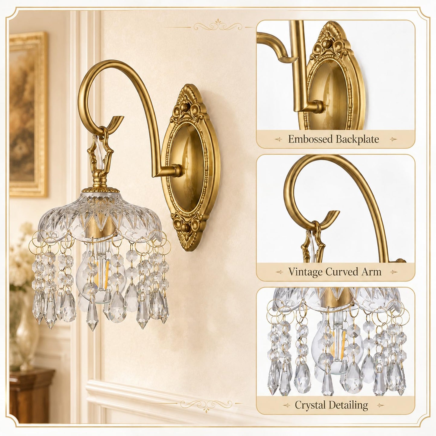 Hamilyeah Crystal Wall Sconces Set of 2, Gold Hardwired Wall Sconce with Faceted Glass Shade and Crystal Drops, Vintage Victorian Brass Wall Light Fixture for Bedroom, Living Room, Hallway, Entryway