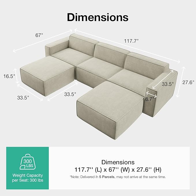 Novilla 117.7" Modular Sectional Sofa, No Assembly Cloud Sectional Couch