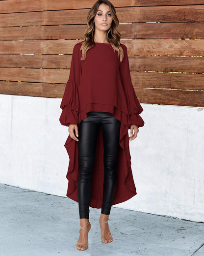 PRETTYGARDEN Women's Lantern Long Sleeve Round Neck High Low Asymmetrical Irregular Hem Casual Tops Blouse Shirt Dress (Wine Red,Large)