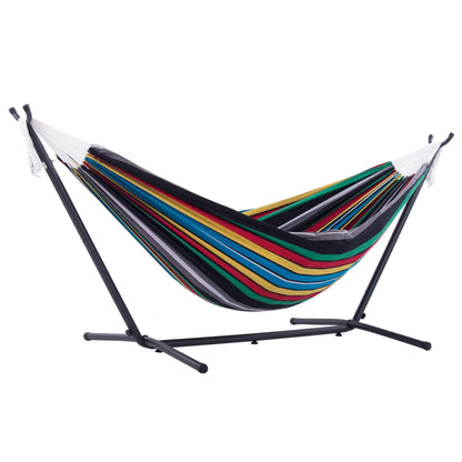Vivere Double Cotton Hammock with Space Saving Steel Stand, Upgraded Polyester End Strings 450 lb Capacity - Premium Carry Bag Included - USA Grown Cotton (Rio Night)