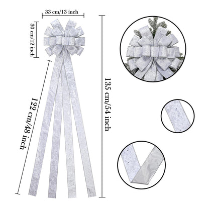BUVANE Christmas Tree Topper,48x13 Inches Velvet Toppers Bow,Large Decorative Bows for Christmas Decoration (Silver)