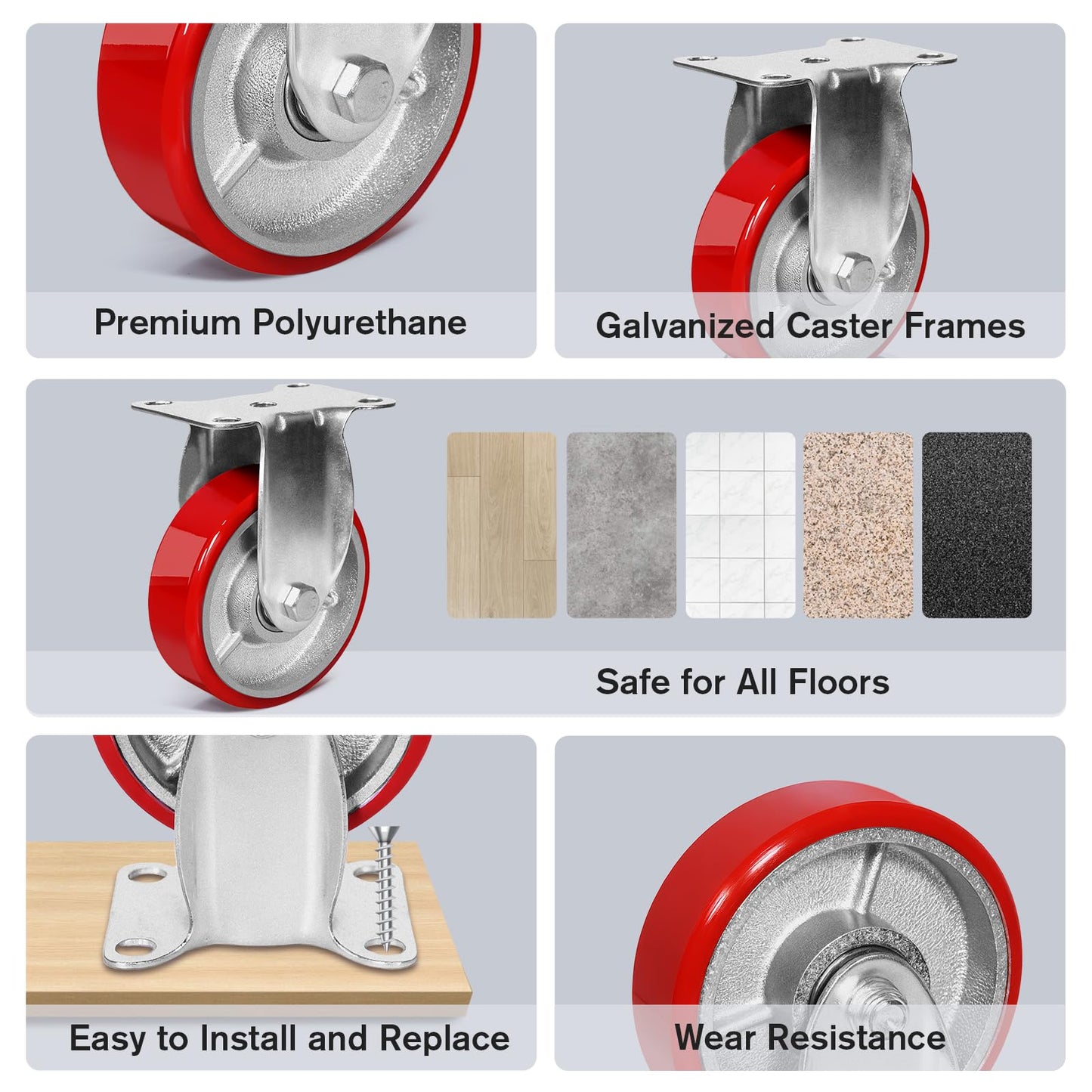 4 Inch Heavy Duty Casters, Swivel Caster Wheels, Polyurethane on Steel Wheel- Casters Set of 4 with 2000 lb Capacity, Caster Wheels for Furniture Workbench Cart (2 Swivel & 2 Rigid)