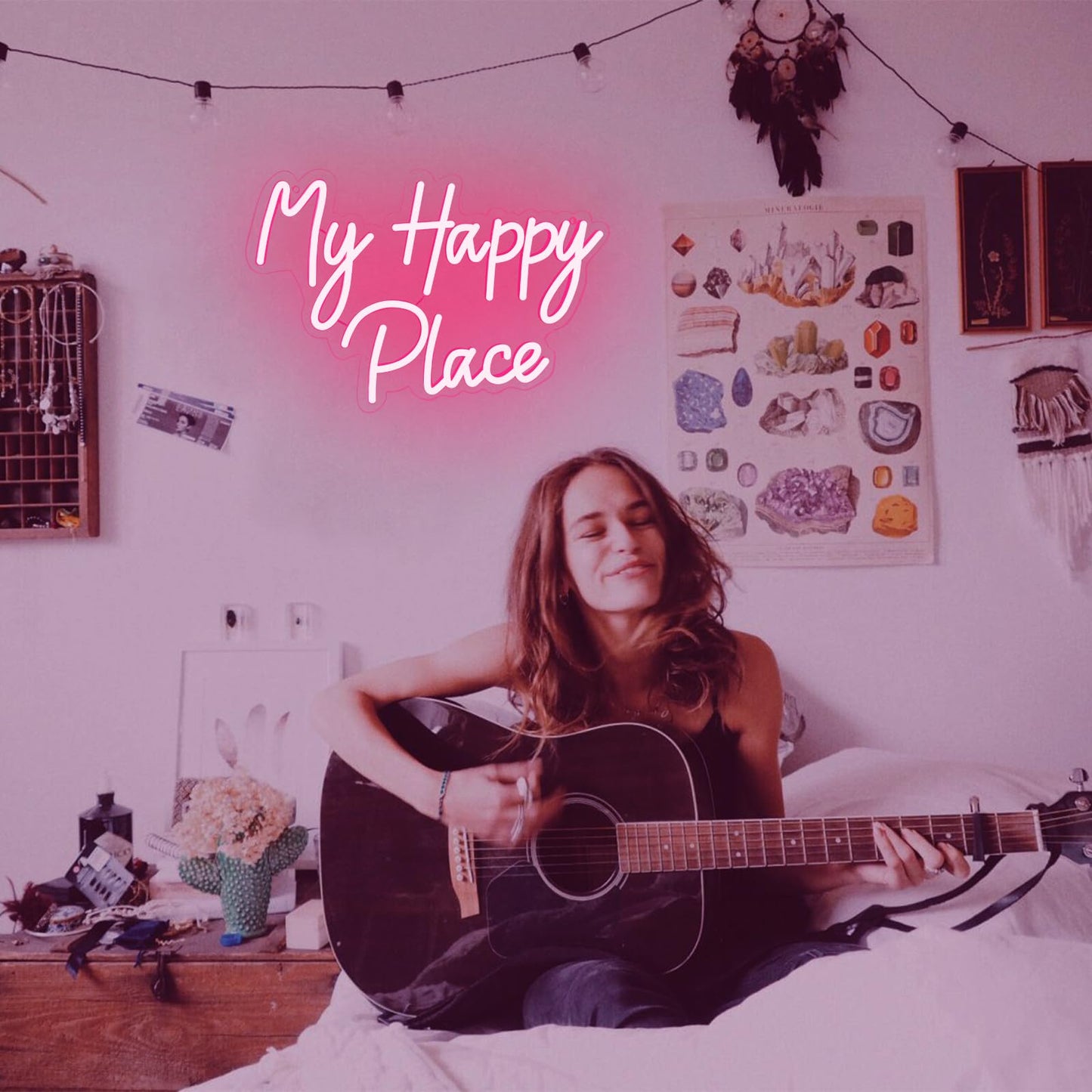 My Happy Place Neon Sign, Dimmable Pink LED Neon Light for Wall Decor, USB Powered My Happy Place Signs, Words Neon Lights for Girls Bedroom Birthday Party Wedding Christmas Halloween Aesthetic