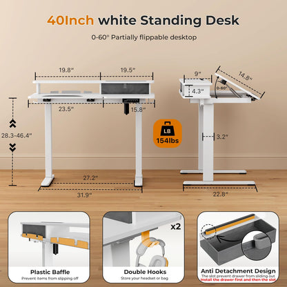 40 Inch Standing Desk, 60° Tiltable Electric Drafting Table Height Adjustable, Foldable Mobile Rising Desk with Drawer, Storage Shelf, Flippable Art Table on Wheels for Kids’ Drawing, White