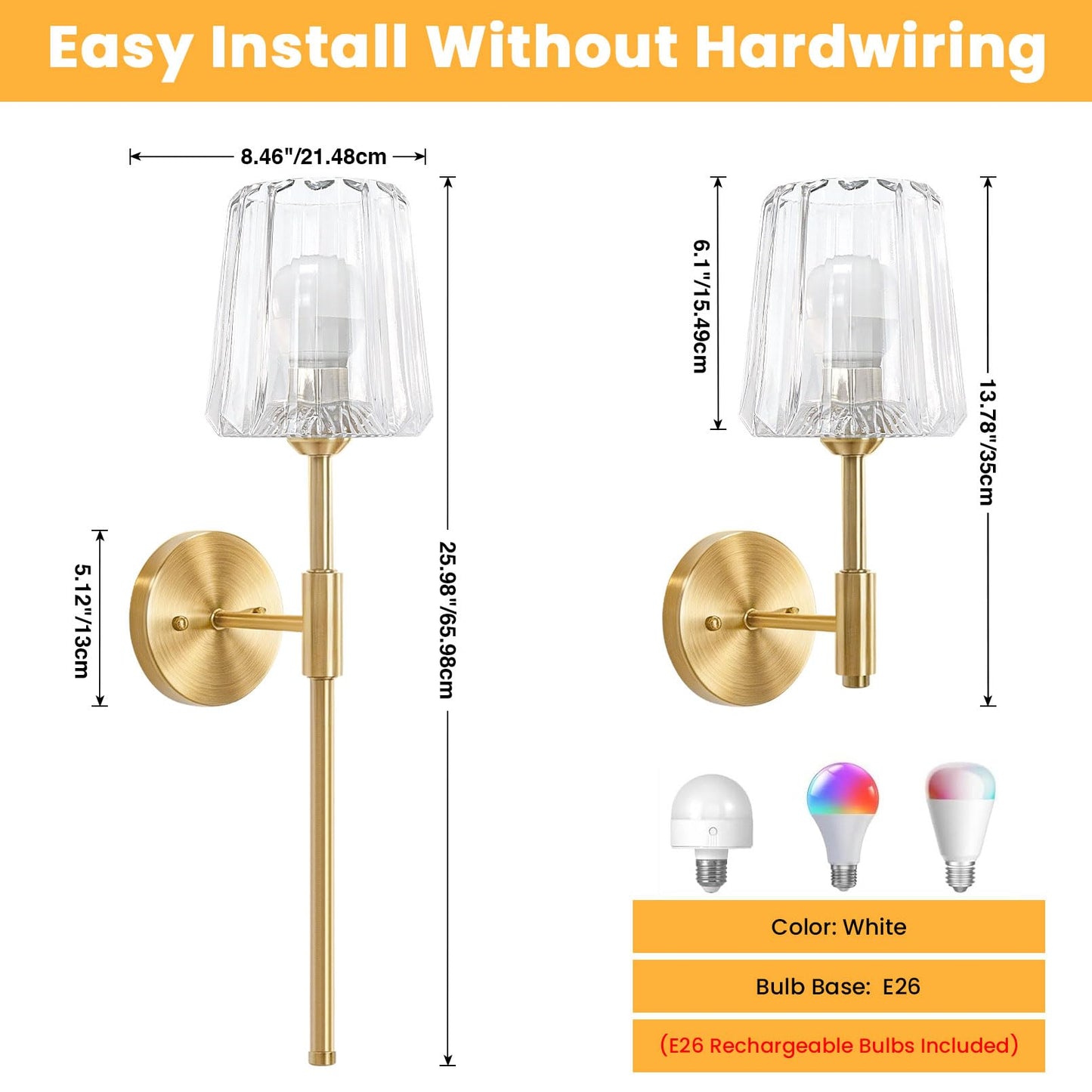 OYKYOHEI 2 Packs Crystal Battery Wall Sconces, Rechargeable Wireless Clear Lights, 12 Color Changing & 3CCT Dimmable, Gold Metal Finish Clear Glass Wall Lamps for Bathroom Dining Room Bedroom Accent