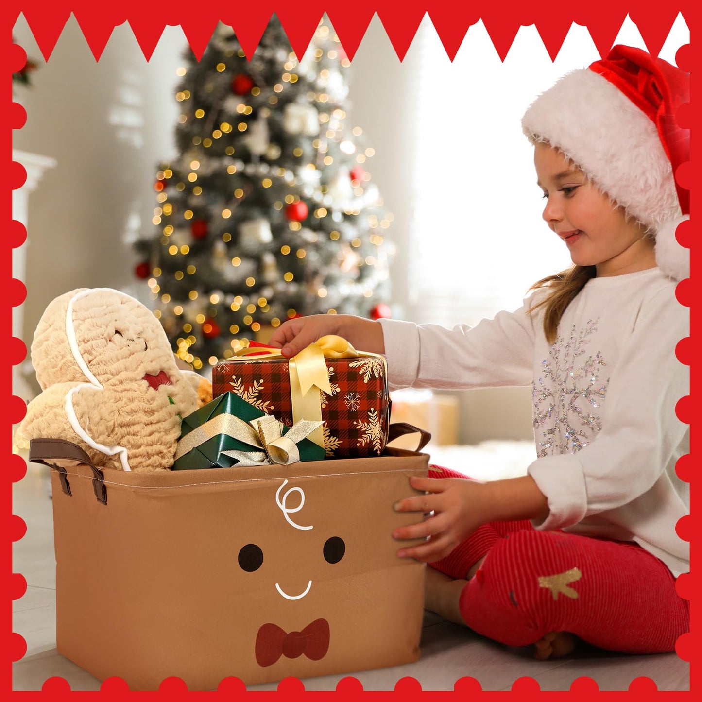 Wesnoy 4 Pcs Christmas Storage Bins 14.2 x 8.7 x 9.5 Inch Red Green Santa Claus Gingerbread Foldable Christmas Baskets for Gift Collapsible Xmas Organizer Cube Box with Handle for Office Home Bedroom