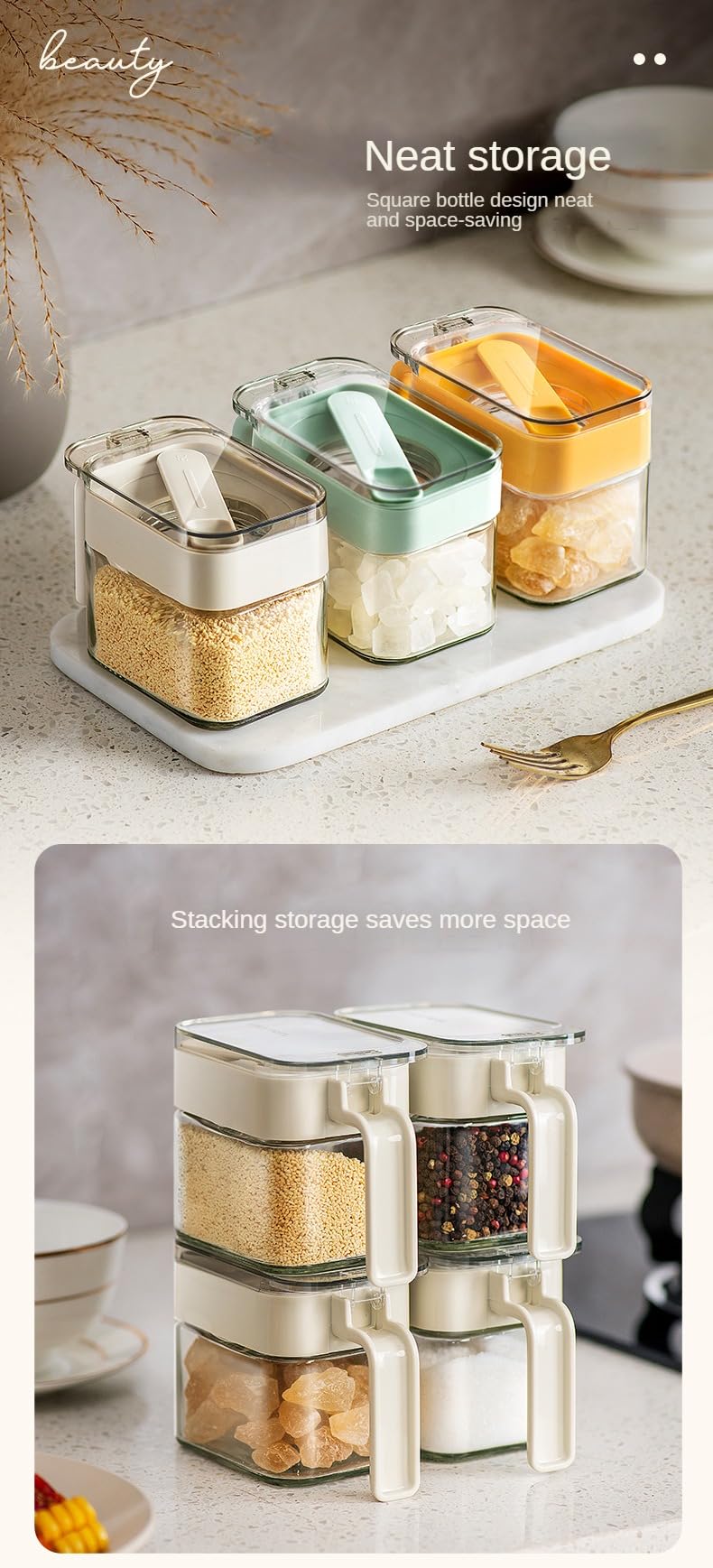 DAHUITX Condiment Jar Spice Container, Sugar and salt container set，Glass Seasoning Box with Spoon Dustproof Lid and Handle,for Kitchen, Counter,Food Storage,10oz Set of 3(grey)