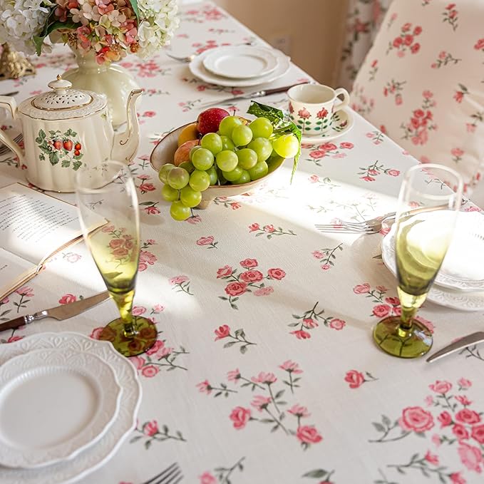 VClife White and Pink Print Table Cloth, Linen Texture Tablecloth