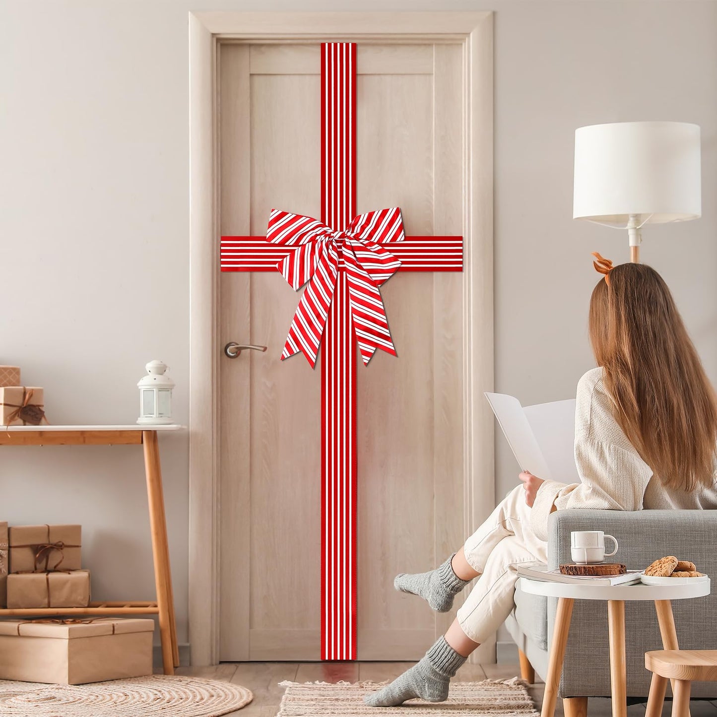 2 Pcs Christmas Cabinet Door Ribbon Bow Large Christmas Wreath Bow Red and White Stripe Festival Wrapping Decorations Xmas Candy Cane Bows for Tree Fireplace Home Holiday Front Door Party Supplies