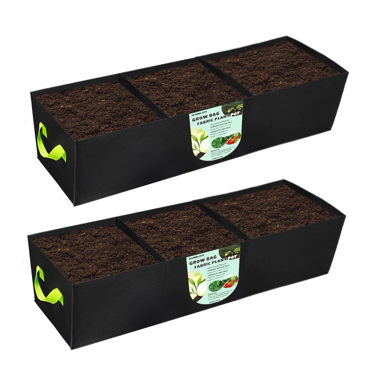 ANGELIOX 2Pcs Grow Bags, 3-Grids Rectangle Grow Bag,14 Gallon Thickened 400G Fabric Garden Bed, Nonwoven Square Flower Planter Containers for Flowers,Vegetable,Fruit, Growing Pots with Handles
