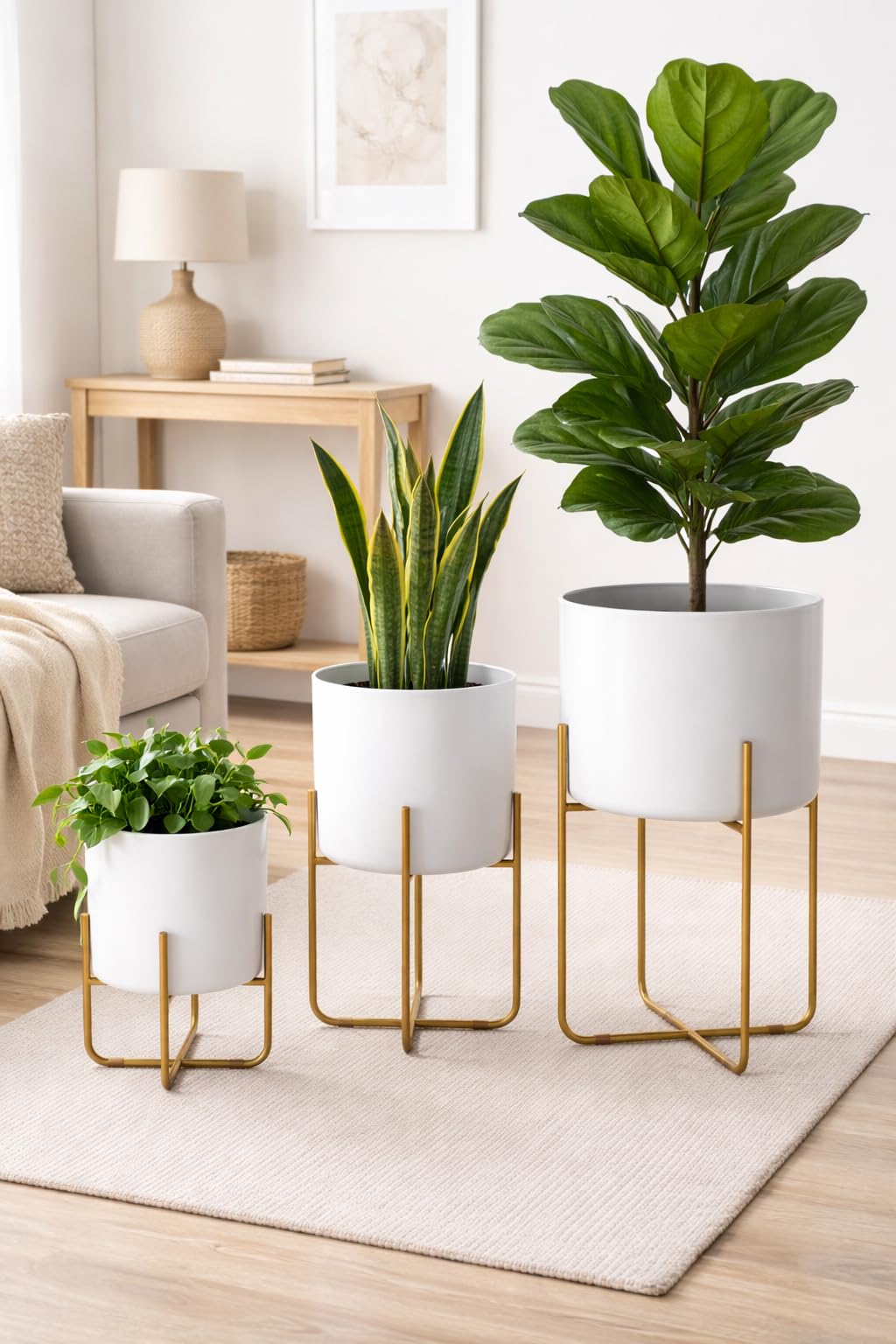 Kirpi Modern Planter Pots, Set of 2 Round White Planters with Gold Stand, Decorative Floor Planters, Metal Pots with Drainage Holes for Living Room, Office, Garden Balcony, 9 and 11 Inch Diameter