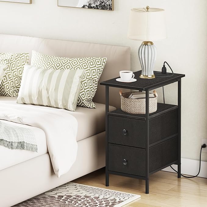 HOOBRO End Table with Charging Station, Narrow Side Table, Nightstand with 2