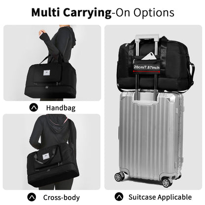 FIORETTO Womens Foldable Weekend Bag Overnight Hospital Bag with Shoes Compartment & Wet Pocket, Water Resistant Gym Bag Duffle Bag Travel Bag Holdall for Women Men Black