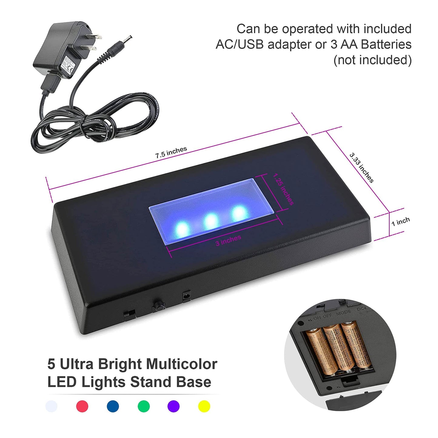 ASENTE 5 LED Light Pedestal - Rectangle Matte Black Light Stand Base for 3D Art Glass, Room Decor and Gemstones and Crystals - AC/USB Adapter Powered (Black)