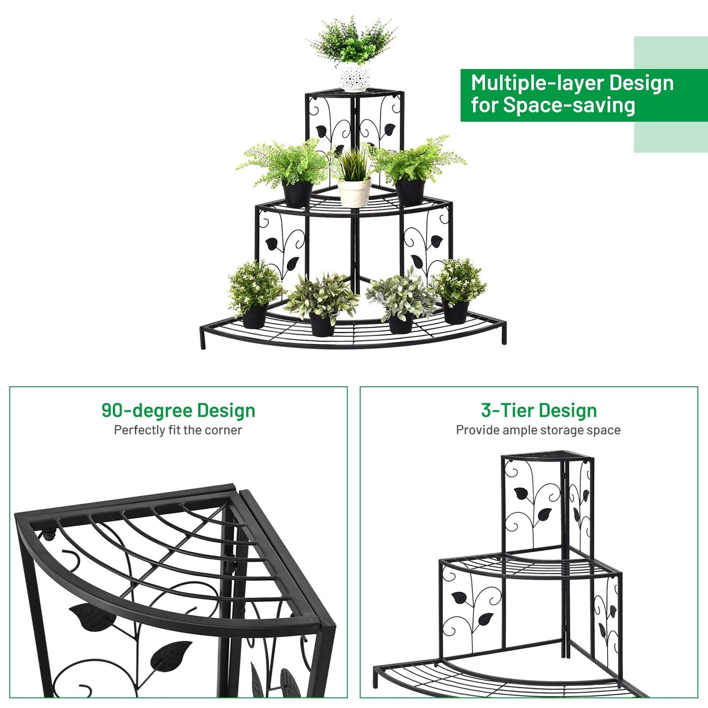 S AFSTAR Corner Plant Stand, 3-Tier Mental Plant Stand, Plant Flower Pot Display Rack, Pot Holder Shelf, Rustproof Ladder Potted Shelf, Outdoor Plant Stands for Patio Garden Yard Balcony (Black)