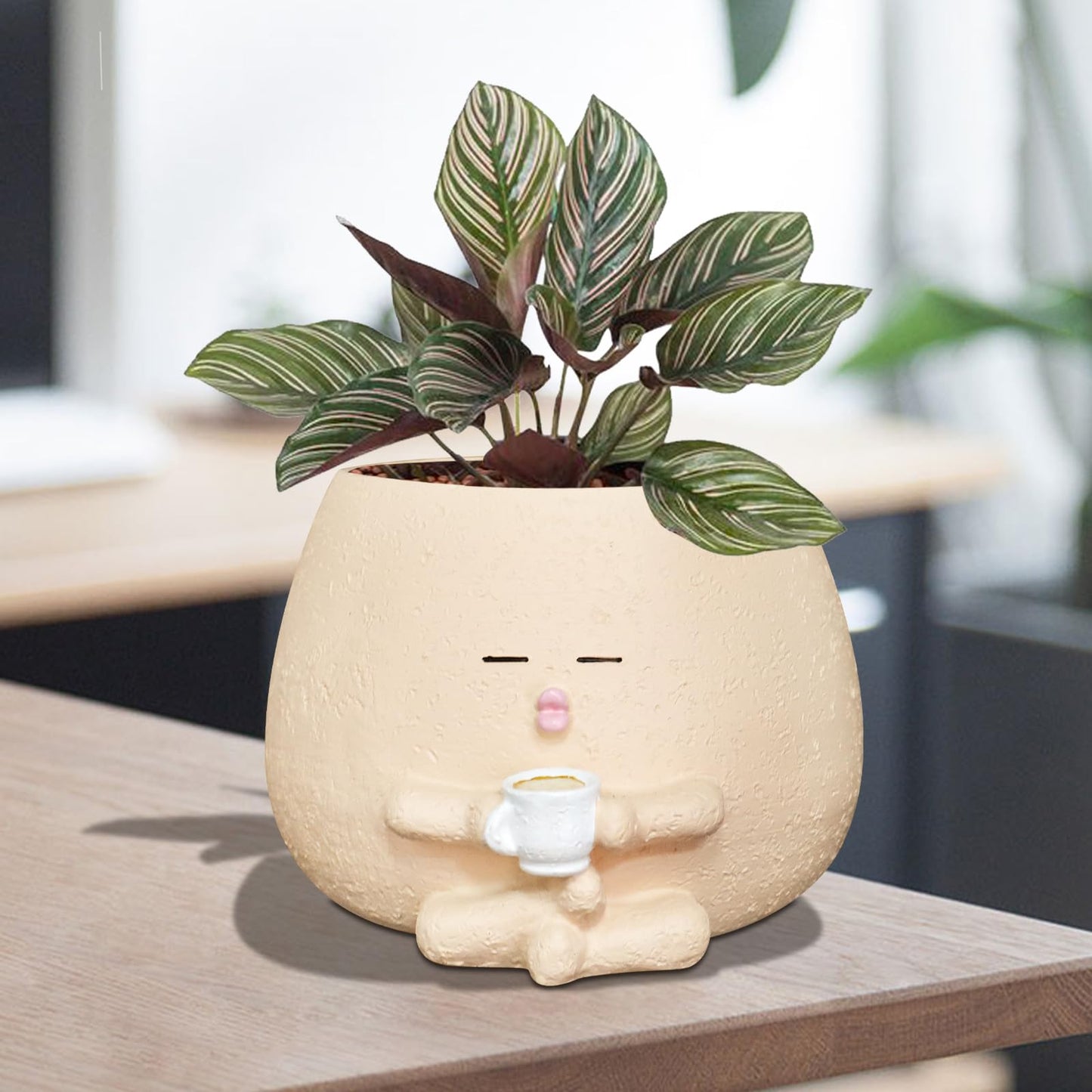 Toparad Smily Face Planter Pot with Coffee Cup Cute Resin Flower Head Planters for Indoor Outdoor Unique Sit Succulent Pots with Drainage Hole Gift IdeaI for Mother Christmas (Khaki)